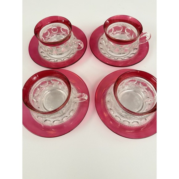 Indiana Glass Other - Indiana Glass Kings Crown Cranberry Thumbprint 8 pcs. Tea cups Saucers (4 Sets)